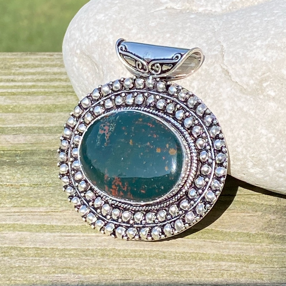 💕Large Oval genuine Bloodstone slider pendant .925 Sterling Silver